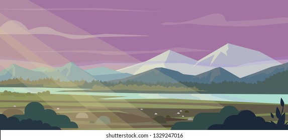 Landscape of mountains and river at sunset