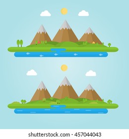 landscape with mountains, river, trees, clouds, sun on a blue background, vector illustration in flat style