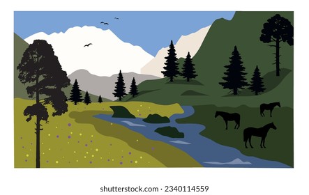 Landscape with mountains, river, trees and horses. Travel vector illustration