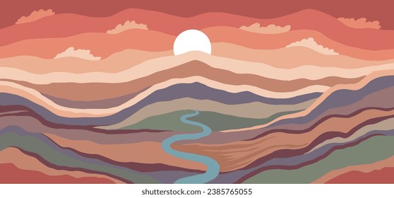 Paisaje con montañas y ríos, arte dibujado a mano vectorial