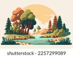 Landscape with mountains and river. Vector illustration in flat cartoon style.