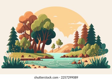 Landscape with mountains and river. Vector illustration in flat cartoon style.