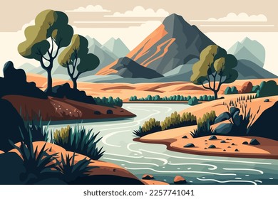 Landscape with mountains and river. Vector illustration in flat cartoon style.