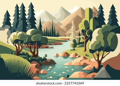 Landscape with mountains and river. Vector illustration in flat cartoon style.