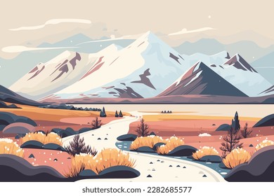 Landscape with mountains and river. Vector illustration in flat style. Tundra with snowy fields