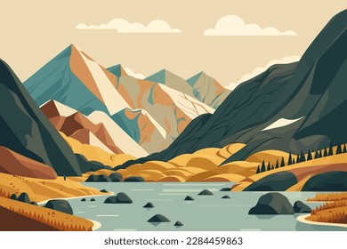 Landscape with mountains and river. Vector illustration in flat style. A mountain range with a lake in the valley