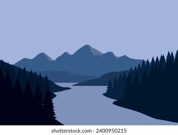 Paisaje con montañas y ríos. Ilustración vectorial en estilo plano.