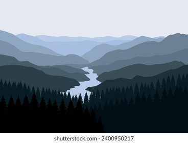 Paisaje con montañas y ríos. Ilustración vectorial en estilo plano.