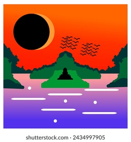 Landscape with mountains and river. Vector illustration in flat style.