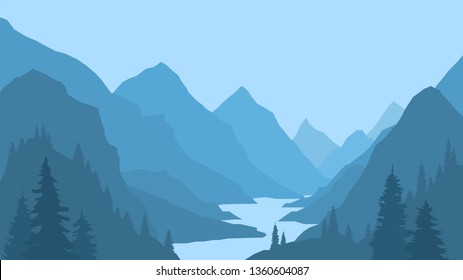 Landscape with mountains and river, view, nature, gorge, clear sky. Pine forest