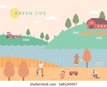 Landscape with mountains, rivers and fields. Farmers are harvesting. flat design style minimal vector illustration.