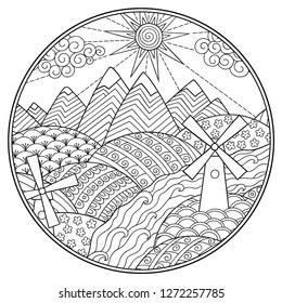 Landscape - mountains, rivers, fields, hills, windmills - coloring book for children and adults. Outline doodle pattern in black and white. Hand draw vector illustration.