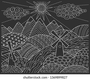 Landscape - mountains, rivers, fields, hills, windmills, sun and cloud. Outline doodle white color pattern on dark background. Stylization of chalk drawing.