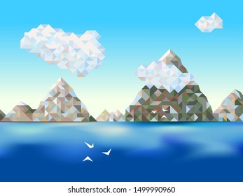 Landscape with mountains, sea and clouds in warm colors of jungle nature. Objects made with low poly technique and gradient sky and water. EPS10 vector background for web design or printed items