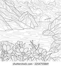 Landscape of mountains and sea with flowers.Coloring book antistress for children and adults. Illustration isolated on white background.Zen-tangle style. Hand draw