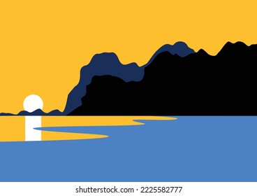 Landscape with mountains and sea, sun vector illustration