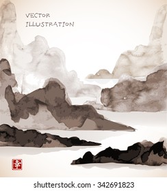 Landscape with mountains and sea. Traditional Japanese ink painting sumi-e. Contains sign - happiness