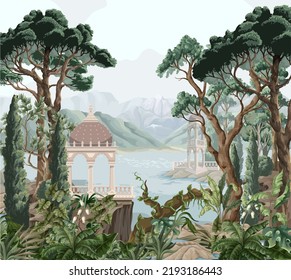 Landscape with mountains, sea, trees and alcove. Interior print