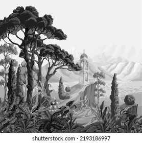 Landscape with mountains, sea, trees and alcove. Monochrome interior print