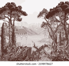 Landscape with mountains, sea, trees and alcove. Monochrome interior print