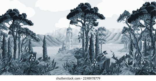 Landscape with mountains, sea, trees and alcove. Monochrome interior print