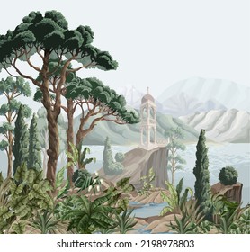 Landscape with mountains, sea, trees and alcove. Interior print