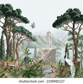 Landscape with mountains, sea, trees and alcove. Interior print