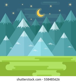 Landscape with mountains and shiny moon and stars - vector flat style design. Illustration with outdoor mountains view, beautiful starry night picture