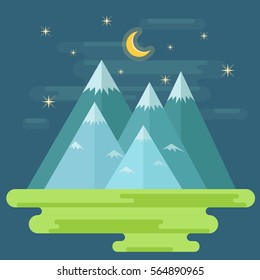 Landscape with mountains and shiny moon and stars - vector flat style design. Illustration with outdoor mountains view, beautiful starry night picture