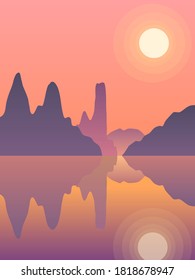 landscape of mountains silhouette and reflection on water, vector-illustrations flat design.
