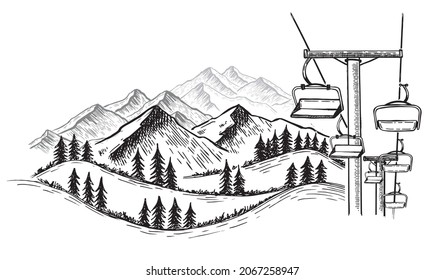 Landscape mountains. Sketch of ski resort.  Hand drawn illustration.	