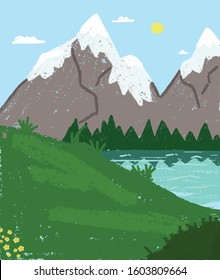 landscape mountains with snow cap,forest,lake,green hills,blue sky,hand drawn crayon illustration vector