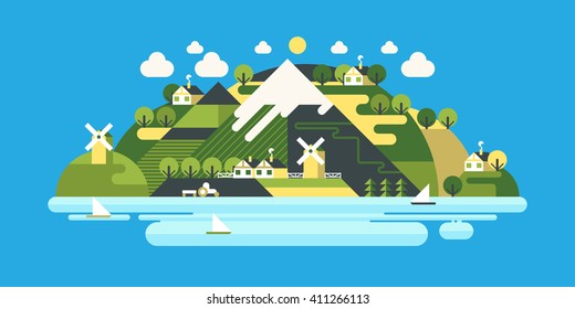 Landscape in the mountains. Solitude in nature by the river. Hiking and camping. Vector flat illustration. Mountain trail