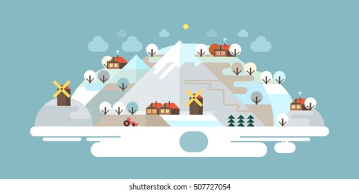 Landscape in the mountains. Solitude in nature by the river. Hiking and camping. Vector flat illustration. Mountain trail. Winter.