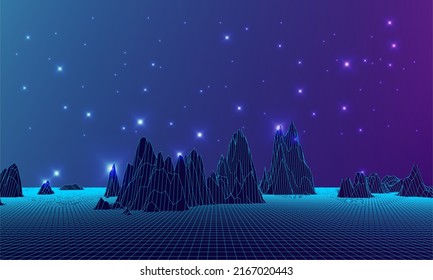 Landscape of mountains, space and wire frame. Vector illustration