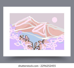 Landscape mountains spring nature wall art print. Printable minimal abstract mountains poster. Wall artwork for interior design. Contemporary decorative background with nature.