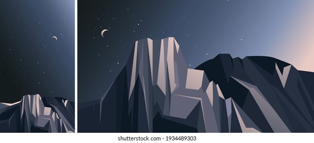 Landscape with mountains and starry sky. Nature scenery in vertical and horizontal orientation.