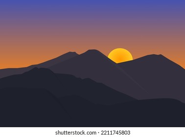 Paisaje con montañas y sol. El sol se ha puesto. Antecedentes abstractos. Ilustración vectorial.