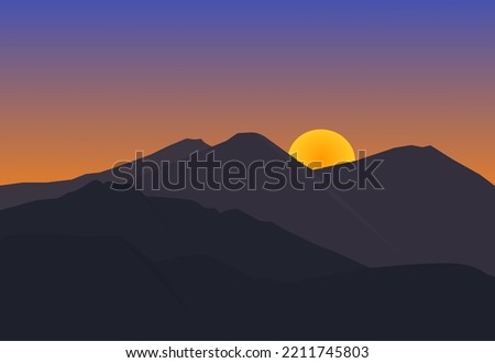 Landscape with mountains and sun. The sun has set. Abstract background. Vector illustration.