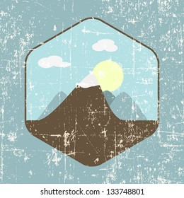 Landscape (mountains and sun) in light colors on grunge background