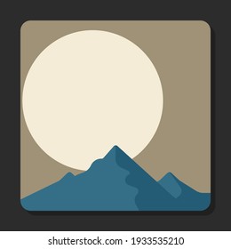 Paisaje con montañas y sol o luna. Ilustración de estilo plano con espacio de copia. 