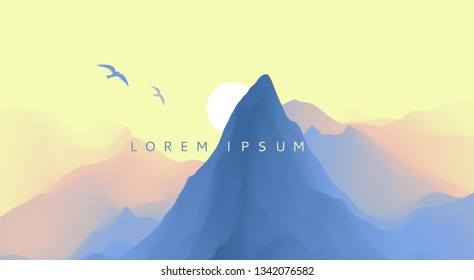 Landscape with mountains and sun. Sunrise. Mountainous terrain. Abstract background. Vector illustration. 