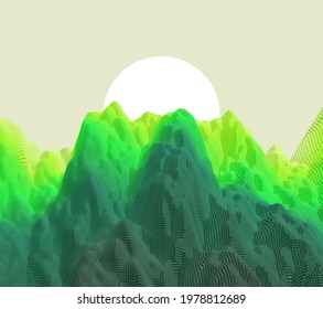 Landscape with mountains and sun. Sunrise. Mountainous terrain. Abstract background. Vector illustration.
