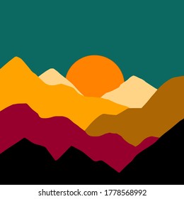 Landscape with mountains and sun. Sunset. 