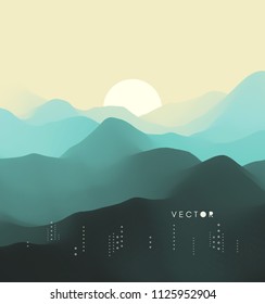 Landscape with mountains and sun. Sunset. Mountainous terrain. Abstract background. Vector illustration. 