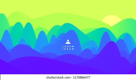 Landscape with mountains and sun. Sunset. Mountainous terrain. Abstract background. Vector illustration. 