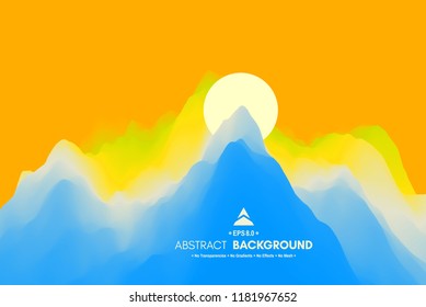 Paisaje con montañas y sol. Atardecer. Terreno montañoso. Antecedentes abstractos. Ilustración vectorial. 