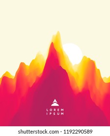 Paisaje con montañas y sol. Atardecer. Terreno montañoso. Antecedentes abstractos. Ilustración vectorial. 