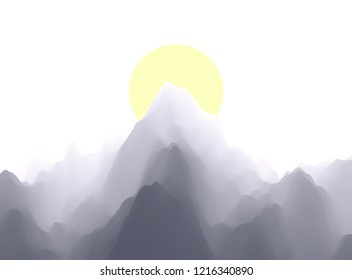 Paisaje con montañas y sol. Atardecer. Terreno montañoso. Antecedentes abstractos. Ilustración vectorial. 