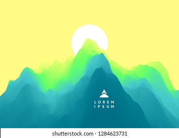 Paisaje con montañas y sol. Atardecer. Terreno montañoso. Antecedentes abstractos. Ilustración vectorial. 